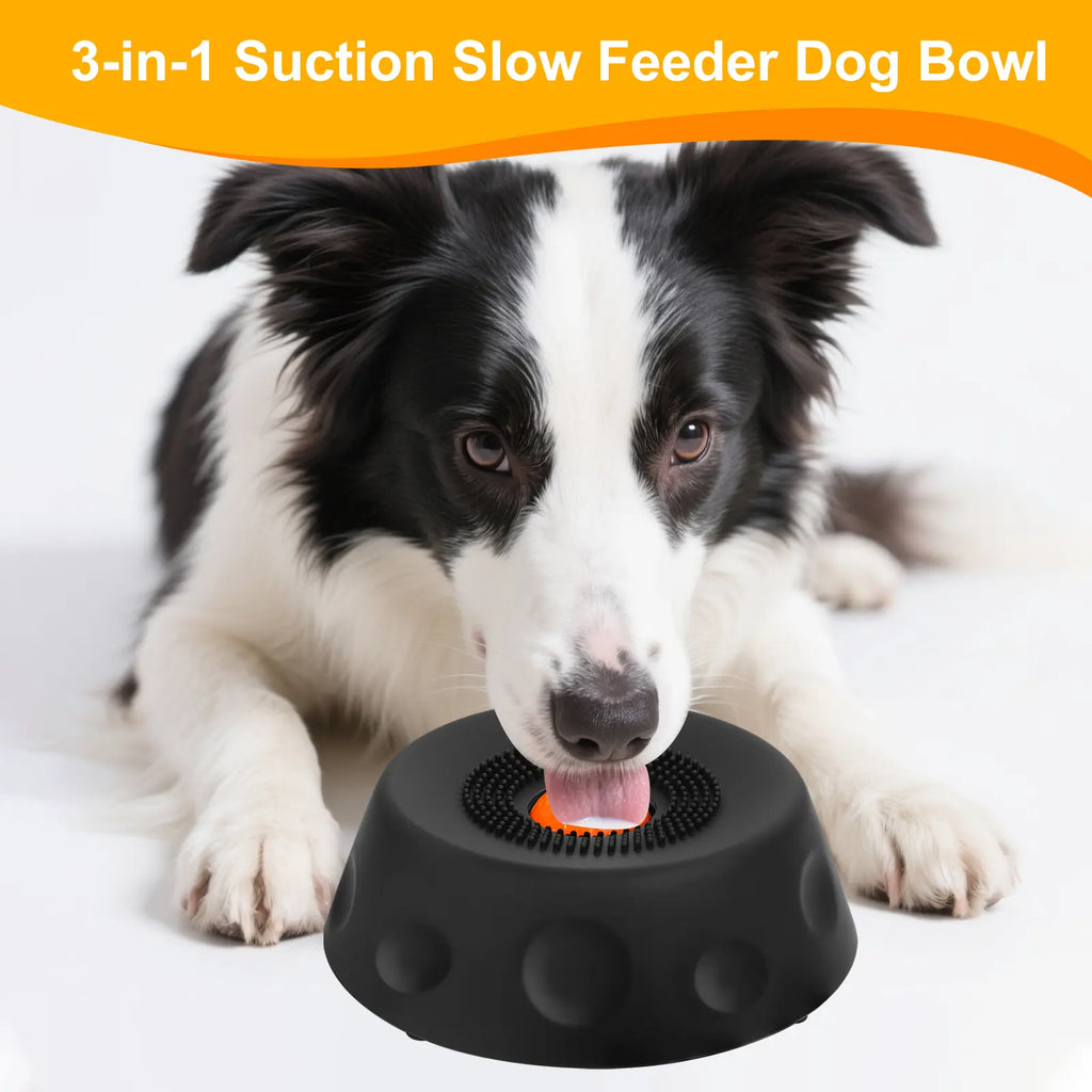 3-In-1 Suction Slow Feeder Dog Bowl, No-Spill Licking Mat with Built-In Treat Ball & Cleaning Brush, Interactive Anti-Slip Dog Bowl for Yogurt, Peanut Butter & Liquid Treats